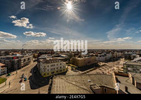 COTTBUS, GERMANY - Mar 26, 2017: Cottbus city center photographed from above with view of banks and a department store Stock Photo