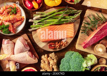 Food banner. Meat, poultry, fish and seafood, fruit and vegetables, legumes, mushrooms, and nuts, shot from the top Stock Photo