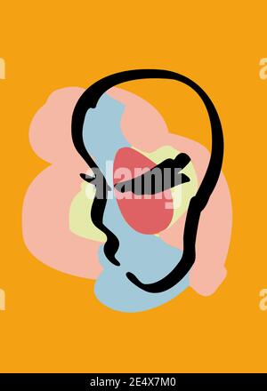 The face of a child, a girl. A modern collage of a continuous face line with abstract colorful figures. Creative design for wall art Stock Vector