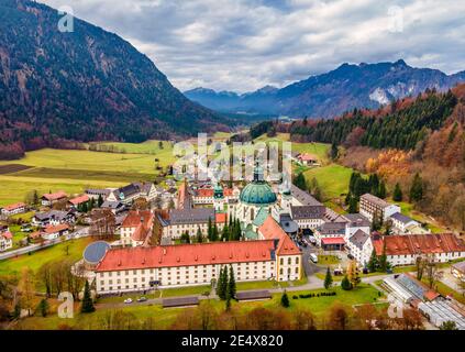 Aerial view, Benedictine abbey Ettal monastery, Ettal, Oberammergau, region Garmisch-Partenkirchen, Upper Bavaria, Bavaria, Germany, Europe Stock Photo
