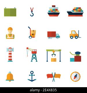 Seaport flat icon set with container tanker vessel loader isolated vector illustration Stock Vector
