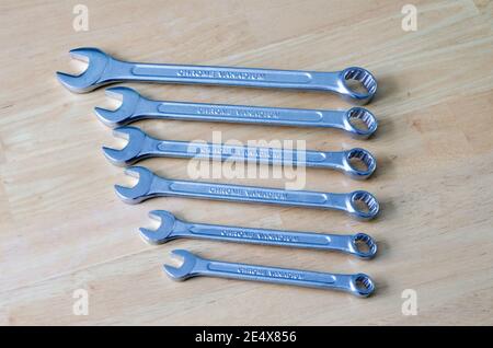 A Set Of Metal Chrome Vanadium Ring Spanners or Wrenches Hand Tools Stock Photo