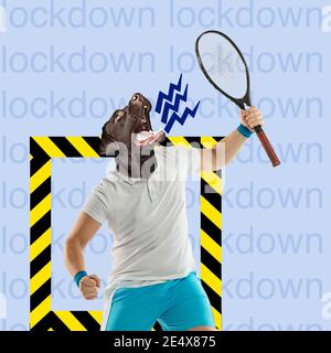 Achievements. Tennis player with dog head Playing in action. Copyspace. Modern design. Contemporary art. Creative conceptual and colorful collage surrealism style. Blue background. Sport, lockdown Stock Photo