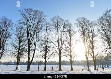 Leicester, Leicestershire, UK 25th Jan 2021. UK. Weather. Snow. A snowy morning in Victoria Park in Leicester City. Alex Hannam/Alamy Live News Stock Photo