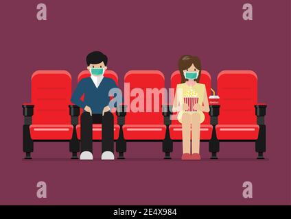 Couple in movie theater lifestyle after pandemic covid-19 corona virus. vector illustration Stock Vector