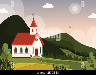 Beautiful mountains landcape and a scandinavian church. vector illustration poster. Stock Vector