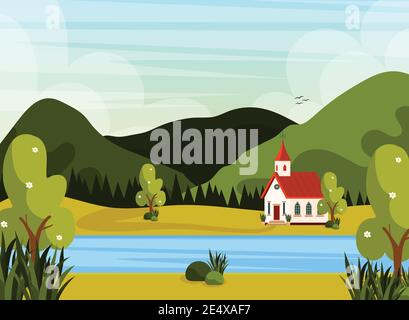 Beautiful mountains landcape and a scandinavian church. vector illustration poster. Stock Vector