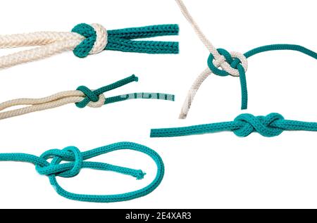 Assortment of various nautical knots on white background Stock Photo