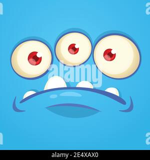 Funny cartoon grumpy monster face with three eyes. Vector Halloween monster square avatar Stock Vector