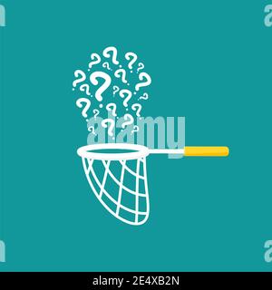 Butterfly net with questions. Catch, hunt, chase symbol. Vector illustration isolated on blue background. Ask symbol. Curiosity logo. Hints and tints. Stock Vector