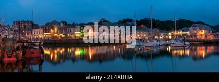 PADSTOW, CORNWALL, UK - JUNE 12, 2009:  Panorama view of the harbour and town in the blue hour Stock Photo