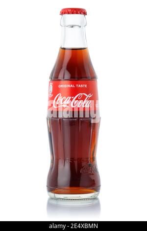 Stuttgart, Germany - January 8, 2021: Coca Cola Coca-Cola lemonade soft drink bottle isolated on a white background in Stuttgart in Germany. Stock Photo