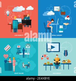Sedentary design concept set with low mobility flat icons isolated vector illustration Stock Vector