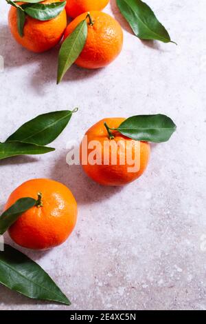 Fresh clementines with leaves on. Stock Photo