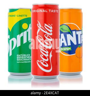 Stuttgart, Germany - January 11, 2021: Coca Cola Coca-Cola Fanta Sprite products lemonade soft drink in can isolated on a white background in Stuttgar Stock Photo