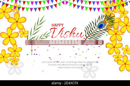 Illustration of Happy Vishu. Kerala festival with Vishu Kani,vishu flower Fruits and vegetables, Cassia flower. worship of krishna Stock Vector