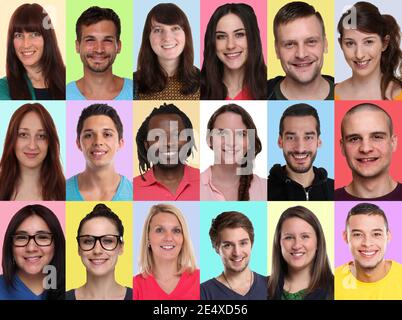 Collage group portraits of multiracial multicultural young smiling people background faces backgrounds Stock Photo