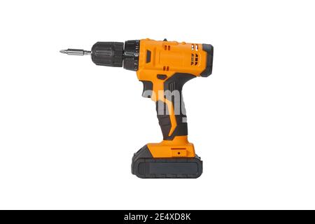 Black and orange screwdriver on a white background, close up, isolated. Household tools. Stock Photo