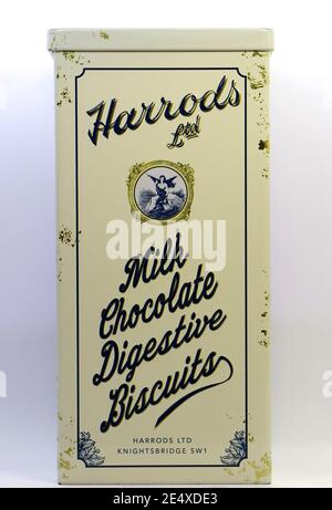 Photo of a Cream tin box of milk chocolate digestive biscuits from Harrods London England UK tourist gift on a white background Stock Photo