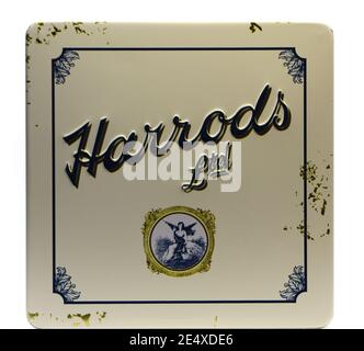 Photo of a Cream tin box of milk chocolate digestive biscuits from Harrods London England UK tourist gift on a white background seen from above Stock Photo