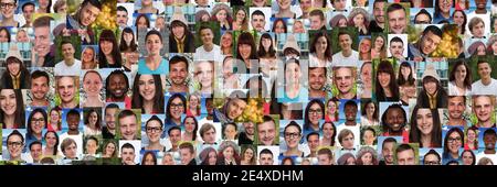 Background portrait collection group of young people portraits panorama faces multicultural social media network Stock Photo