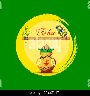 Illustration of Happy Vishu. Kerala festival with Vishu Kani,vishu flower Fruits and vegetables, Cassia flower. worship of krishna Stock Vector