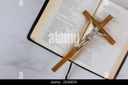 22 JANUARY 21 New York US 2021: Jesus on way to God through prayer with cross is placed on top of the Holy Bible. Stock Photo