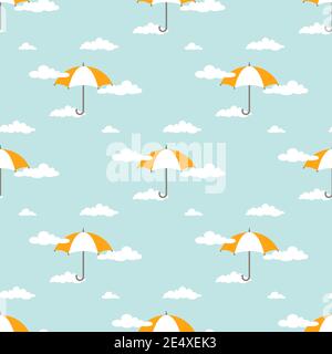 Seamless background with white clouds and orange umbrellas on powder blue sky. Overcast pattern. Vector ornament. Cartoon weather wallpaper. Flat prin Stock Vector