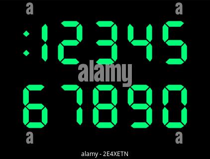 Digital numbers font for electronic clock display, calculator, counter. Green color on black background. Royalty free flat design vector illustration. Stock Vector