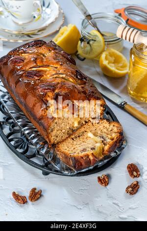 Honey, lemon and pecan nut loaf - high angle view Stock Photo