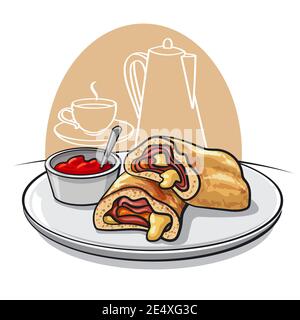 illustration of sliced pizza stromboli with tomato sauce on a plate Stock Vector