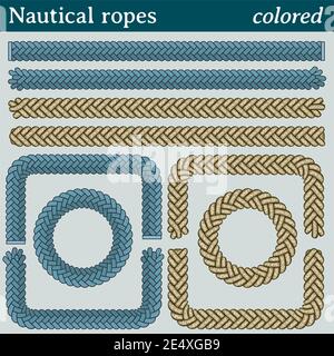 Plaits and braids pattern brushes. Knitting, braided ropes vector isolated  collection. Braid pattern decoration, fabric textile ornament illustration  Stock Vector