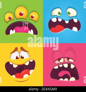 Cartoon monster faces set. Vector collection of four Halloween monster avatars with different face expressions Stock Vector