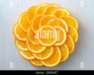 Freshly Cut Natural Healthy Juicy Organic Orange Slices Or Segments On A Plate, Against Wooden Table, Flat Lay Composition With No People, Stock Photo