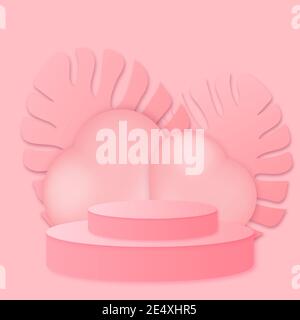 Abstract background, 3d pink scene rendering with podium, balloon in heart shape and monstera. Stage 3d render for product in podium background Stock Vector