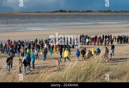 Toujours Vivants (Always Alive) event bringing together those involved in the culture of the Manche, in Montmartin-sur-Mer, France, on January 24, 2021. About 400 people gathered on the beach of Montmartin-sur-Mer,have formed a human chain revealing the word 'alive', to continue to fight in these times of Covid-19. Photo by Desfoux JY/ANDBZ/ABACAPRESSS.COM Stock Photo