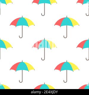 Seamless background with open colorful funny umbrellas on white. Overcast pattern. Vector illustration. Cartoon rain weather wallpaper. Rainy day Stock Vector