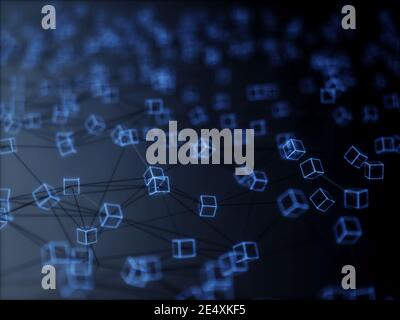 Abstract mesh line and point light block chain digital link network technology illuminated shape. Big data node base concept glow effect on black back Stock Photo