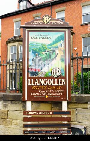 Llangollen heritage railway sign at the entrance to the station in Llangollen North Wales Stock Photo