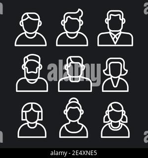 illustration of the set of female and male avatars black and white outline color icons on the black background Stock Vector