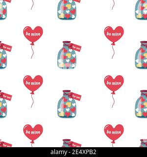 Seamless pattern with hearts, the inscription be mine, jars of sweets for you Stock Vector