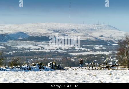 Bury, Greater Manchester, England, 25th January 2021. A walker in the snow covered fields around the village of Affestide, Bury with the aptly named Winter Hill in the background. The North West of England woke up to a fresh blanket of snow to start the new week. Credit: Paul Heyes/ Alamy Live News Stock Photo