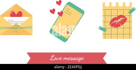Icons for love message in an envelope, SMS by phone, a note on a piece of paper Stock Vector