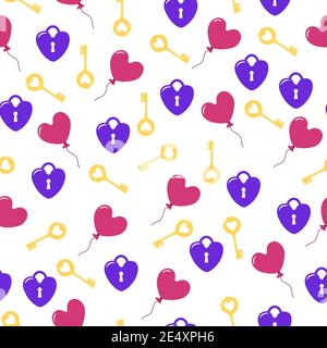 Bright seamless pattern for Valentine's Day with locks, keys and heart-shaped balloons Stock Vector