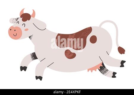 Cute cow jumping with happy face expression, farm animal illustration, illutrated mascot, vector clip art isolated Stock Vector