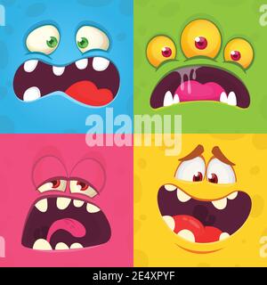 Cartoon monster faces set. Vector collection of four Halloween monster avatars with different face expressions Stock Vector