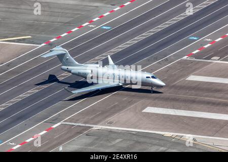 Gibraltar - July 29, 2018: VistaJet Bombardier Challenger 350 airplane at Gibraltar Airport (GIB). Stock Photo