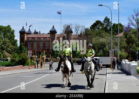 Perth, WA, Australia - November 30, 2017: Mounted police, two police man on horses in the capital of Western Australia