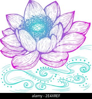 Vector illustration in line art style. Lotus flower isolated on white background. Hand drawn botanical picture Stock Vector