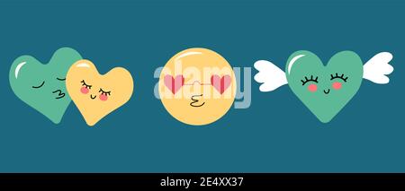 Simple multi-colored heart-shaped emoticons with poyelui and wings for valentine's day Stock Vector